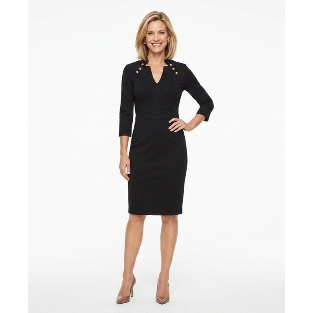 White House Black Market Ponte Sheath Dress Gold Button Military Black 12 EUC